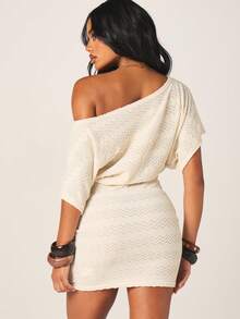 MISSGUIDED 女士露肩迷你沙滩罩衫连衣裙，采用纹理针织面料，宽松版型，适合夏季度假 - 白色 - 查看 3