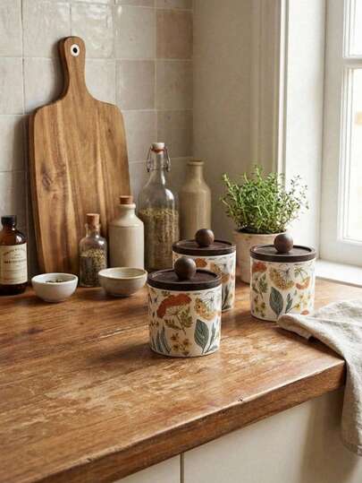 Cirelle Floral Pattern Ceramic Jar With Wooden Lid – Decorative Kitchen Canister For Candy, Flour & Tea, Rustic Farmhouse Storage Container, Housewarming Gift Idea