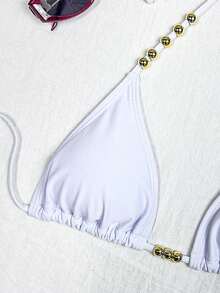 Swim Basics 女款掛脖綁帶金色珠飾三角比基尼上衣，白色夏季可愛度假泳裝，適合泳池派對 - 白色 - 查看 4