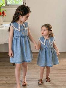 LMoss Kids Young Girl' Floral Trim Collar Blue Denim Sleeveless Loose Dress - Light Wash - View 3