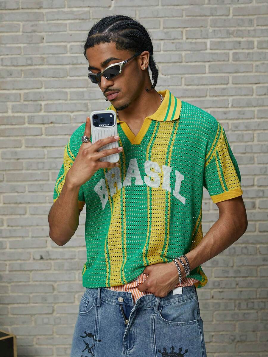 GALLERY FADE 男士撞色条纹字母印花镂空针织上衣 - 綠色 - 查看 1