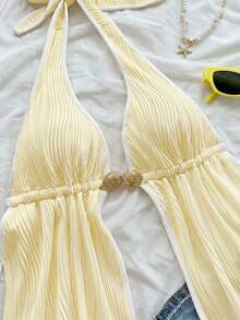 Soleia 性感V领金属装饰露背荷叶边红色纹理面料女士吊带背心，适合海滩度假、约会、下午茶、假期、音乐节、波西米亚风等场合。 - 淡黃色 - 查看 3