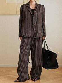 Dazy-Less Women's Striped Print Belted Long Sleeve Blazer And Pants Suit Set Business Casual Woman - Brown - View 5