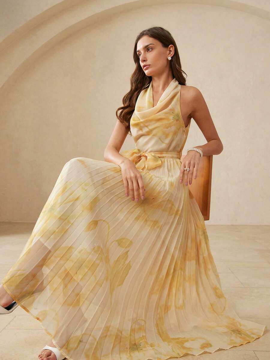 Revavyn Đầm nữ thanh lịch kiểu Pháp, lãng mạn, in họa tiết tie-dye, cổ khoét sâu, eo thắt, vạt xếp ly rộng, không tay, thích hợp cho hẹn hò và du lịch. - Màu vàng - Xem 1