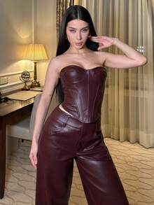 hhfernanda 女士时尚性感纯色后背交叉抹胸上衣 - 酒紅色 - 查看 1