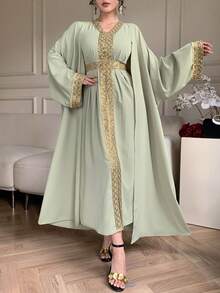 DAZY Women's Elegant Contrast Color Sequin Patchwork Robe & Robe Two Pieces Set, Spring/Summer - Green - View 7