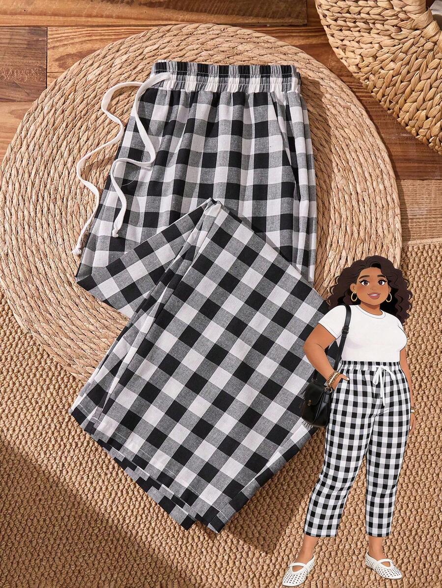 Rusticease Pantalones casuales de talla grande con estampado de cuadros y cordón en la cintura, estilo campestre para vacaciones de verano/primavera para mujeres - Blanco y Negro - Ver 1