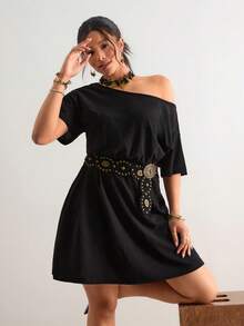 Freevana 波西米亚风黑色露肩连衣裙，宽松短袖腰部褶裥裙摆，优雅小众设计，显瘦休闲/约会连衣裙 - 黑色 - 查看 7