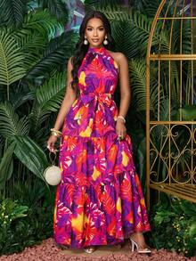 SOLERSUN Women's Fashionable Allover Print Halter Maxi Flowy Dress With Belt For Vacation (Random Floral) - Red Violet - View 4