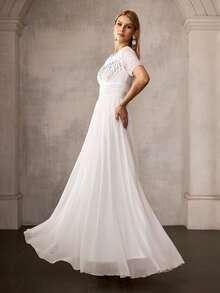 MOTF PREMIUM ELEGANT WHITE SHORT SLEEVE ROUND NECK MAXI PARTY GOWN FOR WOMEN, WITH RHINESTONE EMBELLISHMENTS ON CHEST & SHOULDERS, CHIFFON FABRIC DRESS FOR NEW YEAR, VALENTINE'S DAY, FORMAL PARTIES, GALAS & CELEBRATIONS - White - View 5