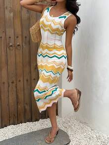 Selianne Spring/Summer Casual Vacation Style Round Neck Sleeveless Fitted Knit Tank Dress For Women - Multicolor - View 5