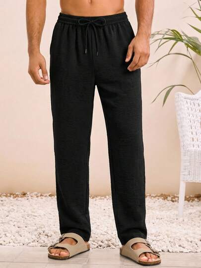 HIMLAND Men's Solid Color Drawstring Waist Pocket Tapered Casual Pants, Versatile, Men's Breathable Summer Trousers, Casual Loose Fit Elastic Waist Pants, Solid Black Lounge Pants For Men, Lightweight Beach Wedding Attire Men, Comfortable Drawstring Yoga Bottoms, Men's Linen Straight Leg Pants, Essential Comfort: Men's Relaxed Fit Drawcord Trousers For Summer Vacation & Daily Lounging Men Black Sweat Pants Men Drawstring Pants Mens Linen Bottoms Men Pajama Pant Black Linen Pants Men