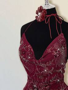 SHEIN ICON Summer Vacation Beaded Backless Draped Neck Mini Dress, Wine Red, For Outing, Party, Gathering - Burgundy - View 4