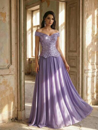 Aureia Elegant, Glamorous, And Fashionable, This Dark Purple-Pink Sequined Embroidered Gown Features A Flowing Chiffon Fabric With A Sweetheart Neckline, Off-The-Shoulder Short Sleeves, And A Faux Two-Piece Design With A Full Skirt And Train. Suitable For All Occasions, Including Weddings And Evening Gowns. Purple Women Evening Dress Corset Top Dress
