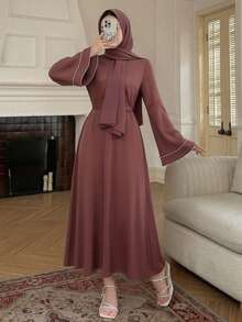 DAZY Vestido Evasê Elegante Feminino com Aplicação de Pérolas Falsas nas Mangas Sino - Vermelho - Visão 6