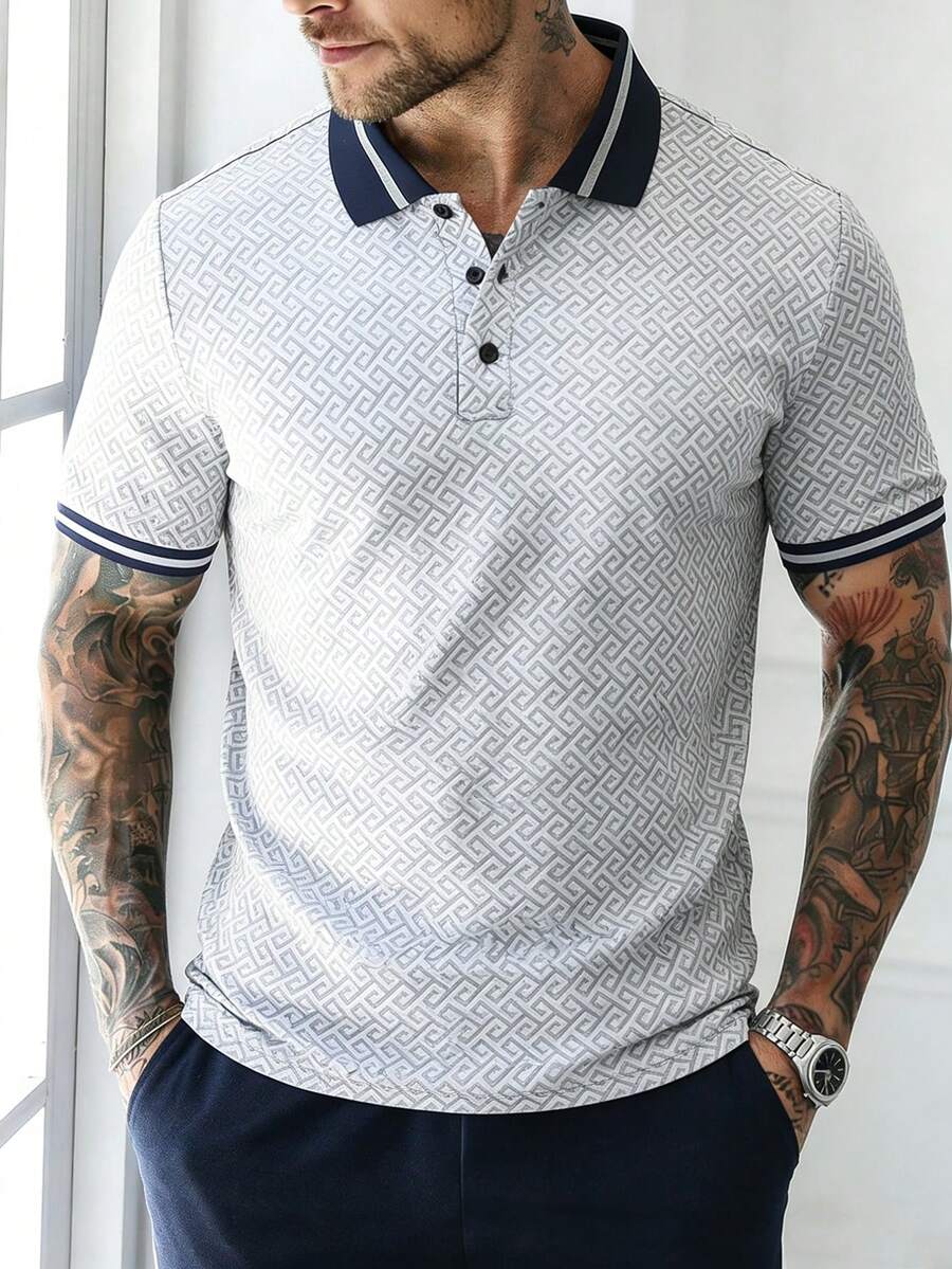 EGENSIO 男士几何提花纹理罗纹 Polo 衫 - 黑色 - 查看 1