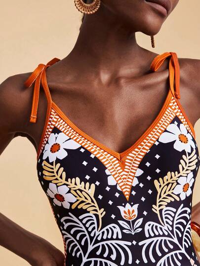 Travachic Women's Tropical Print One-Piece Swimsuit, Vacation/Beach,Beach,Beach Outfits For Women,Beach Set,Going Out,Vacation,Vacation Outfits Women,Holiday,Summer,Summer Clothes,Summer Outfits For Women,Party ,Going Out,Going Out Outfits,Casual,Elegant,Y2k,Flower,Black