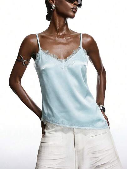 LYSMO 2026 Nueva Blusa de satén y encaje azul claro minimalista para mujer, Elegante camiseta de tirantes con encaje, Adecuada para primavera/verano; Camisa elegante, Adecuada para fiestas, primavera, Navidad, Año Nuevo, etc.; Vestido elegante, Chaleco