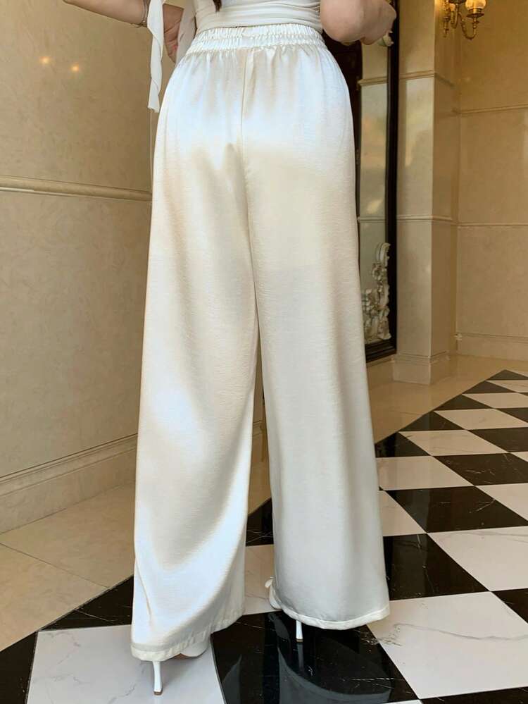 Women's Elegant Solid Color Wide Leg Pants With Elastic Waist, Spring/Summer