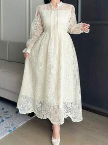 Dazy Plus Plus Size Women's Elegant Lace Tie-Up Party Dress, Spring/Summer - Apricot - View 6