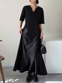 FRIFUL Women's Solid Black V-Neck Short Sleeve Loose Casual Dress - Black - View 4