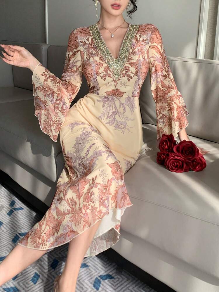 Women's V-Neck 3/4 Sleeve Ribbon Patchwork Waist Printed Dress, Elegant Resort Style Dress Sundress Boho