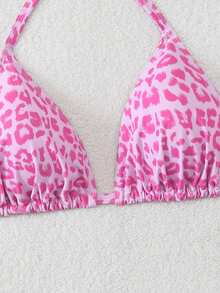 Swim Mod Plus Size Women Leopard Print Halter Backless Bikini Top - Multicolor - View 3