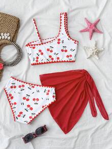 SHEIN 少女三件套泳衣，樱桃印花比基尼配沙滩裙 - 紅白色 - 查看 2