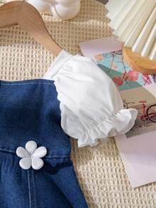 SHEIN Genkimix Kids 女童夏季韩版3D蝴蝶结牛仔连衣裙，适合女孩日常休闲穿着和上学穿着 - 藍色 - 查看 4