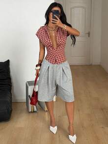 Coolane Áo thun nữ mùa xuân/hè phong cách đường phố sành điệu Y2K, thích hợp cho học sinh, đi xem hòa nhạc, họa tiết kẻ caro, cổ chữ V, kiểu corset, ve áo. - Đỏ - Xem 2