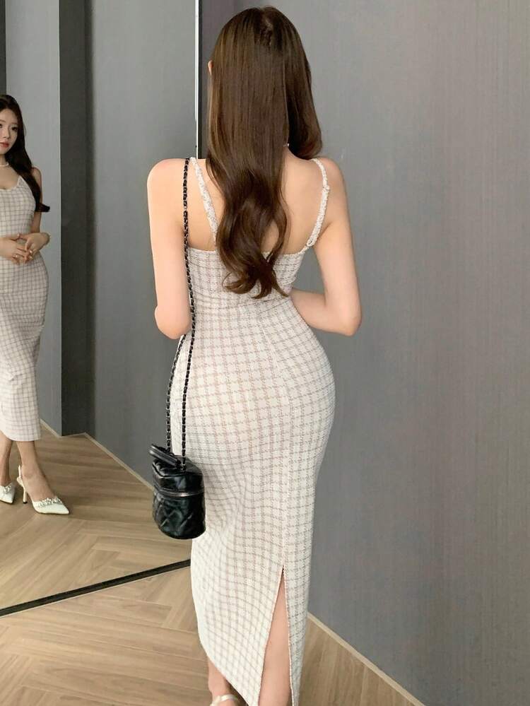 Women's Elegant Plaid Jacket And Dress 2 Pieces Set, Autumn Summer