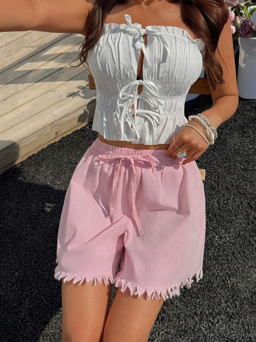Sunnyshic Quần short denim nữ kiểu dáng thường ngày, có tua rua, thích hợp cho mùa hè. - Hồng - Xem 1
