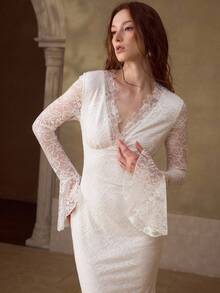 MOTF PREMIUM Đầm ôm sát cổ chữ V gợi cảm kiểu nàng tiên cá, đầm ren tuyệt đẹp độc đáo, 2026 - trắng - Xem 5