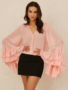 Aveloria Rosie French Fashion Vacation Minimalist Generous Old Money Versatile Loose V-Neck Gold Button Ruffle Hem Long Sleeve Top - Pink - View 1