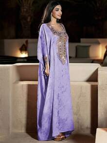 Layrah Áo choàng cánh dơi thêu jacquard vàng sang trọng dành cho tiệc tùng. - Màu tím - Xem 8