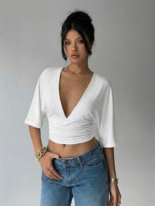 Aloruh Summer New Casual Elegant Batwing Sleeve White Cropped V-Neck Ruched Slim T-Shirt, Shirt, Avant-Garde Y2K T-Shirt Outfit Holiday Outfit Vacation Look Beach Everyday Occasion Outfit Womens Outfit Trending Outfit - White - View 8