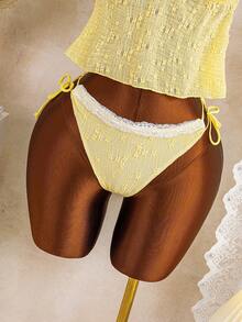 Swim Mod 女士沙滩音乐节春夏蕾丝荷叶边黄色侧系带裹身上衣可爱风格束腰套装 - 黃色 - 查看 6