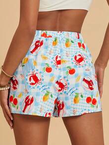 Travachic 女士腰带休闲度假龙虾印花短裤 - 藍色 - 查看 2