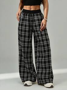 SHEIN PETITE Women's Casual Loose Checked Wide Leg Pants - Black and White - View 4