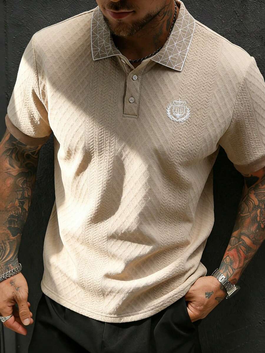 EGENSIO Men's Summer Casual Textured Ribbed Short Sleeve Polo Shirt - Apricot - View 1