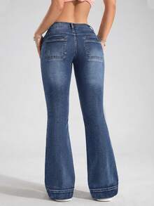 SHEIN 女士时尚休闲哥特暗黑风弹力低腰喇叭牛仔裤 - 深色水洗藍 - 查看 2