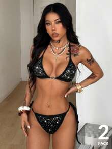 Coolane 女士春夏街头风外出音乐节派对科切拉迪斯科装扮时尚性感洞穴海滩度假装扮针织弹力舒适闪亮水钻钻石图案吊带黑色挂脖比基尼上衣和内裤，2件套 - 黑色 - 查看 5