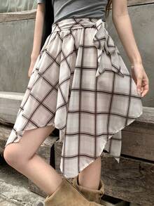 DAZY 女士格子不对称下摆短款休闲裙 - 淺灰色 - 查看 3