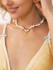 Swim Mod 1 件绿松石串珠项链，配金属海星吊坠，适合女性日常和旅行佩戴 - 白松石+海星 - 查看 1