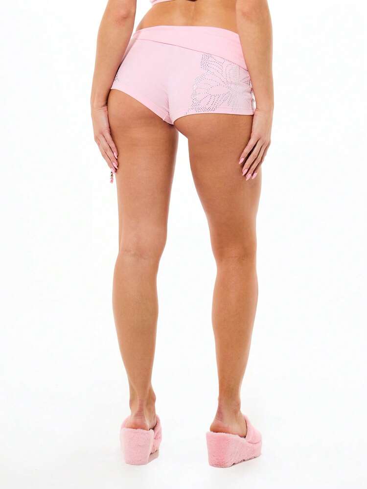 SUMWON WOMEN Soft Pink High Rise Ruched Detail Shorts With Side Tie Strings And Rhinestone Embellishments Summer Casual Boho Style