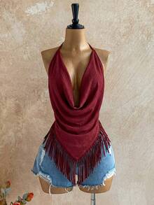 Soleia 女士休闲度假针织露背吊带背心，流苏下摆，适合海滩、约会、下午茶、婚礼季、海边、邮轮、城市度假等场合。 - 酒紅色 - 查看 4