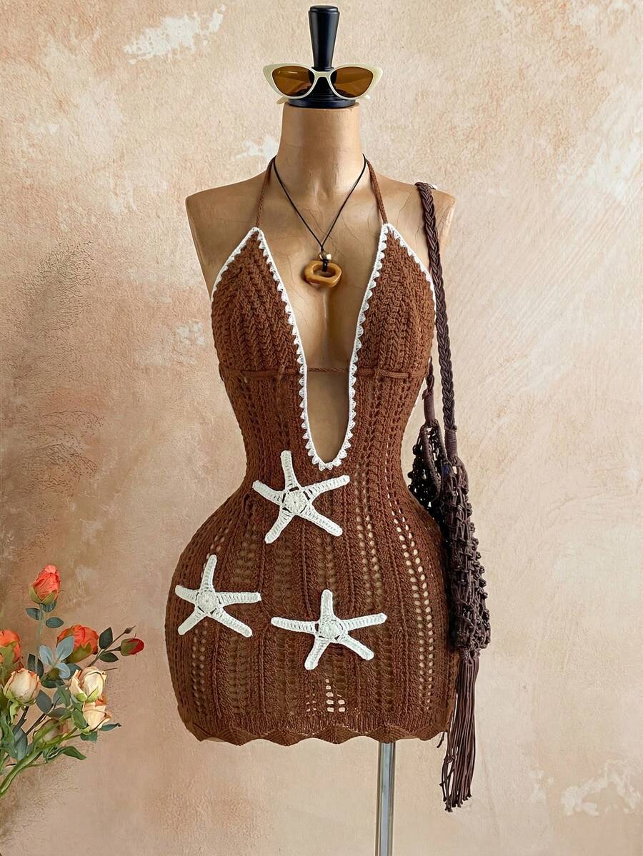 Soleia 女士度假浪漫性感蓝色V领修身海星装饰露背蝴蝶结针织迷你连衣裙，休闲、约会、下午茶、海滩、邮轮、公路旅行、音乐节、派对、波西米亚风、嬉皮风、西部风，可内可外穿，适合所有季节 - 咖啡棕 - 查看 1