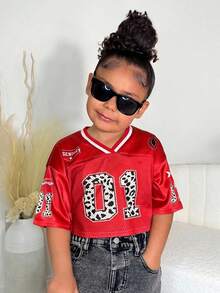 Young Girls' Cute Graphic V-Neck Short T-Shirt, Casual Fashionable Daily Wear - Red - View 4