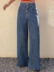 DAZY Women's Pocket Button Casual Versatile Daily Wear Wide Leg Jeans - Blue - View 6