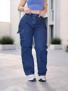 Pantalón Jeans de Mezclilla Estilo Cargo con Bolsillos laterales High Waist corte recto - Stone americano - Ver 1